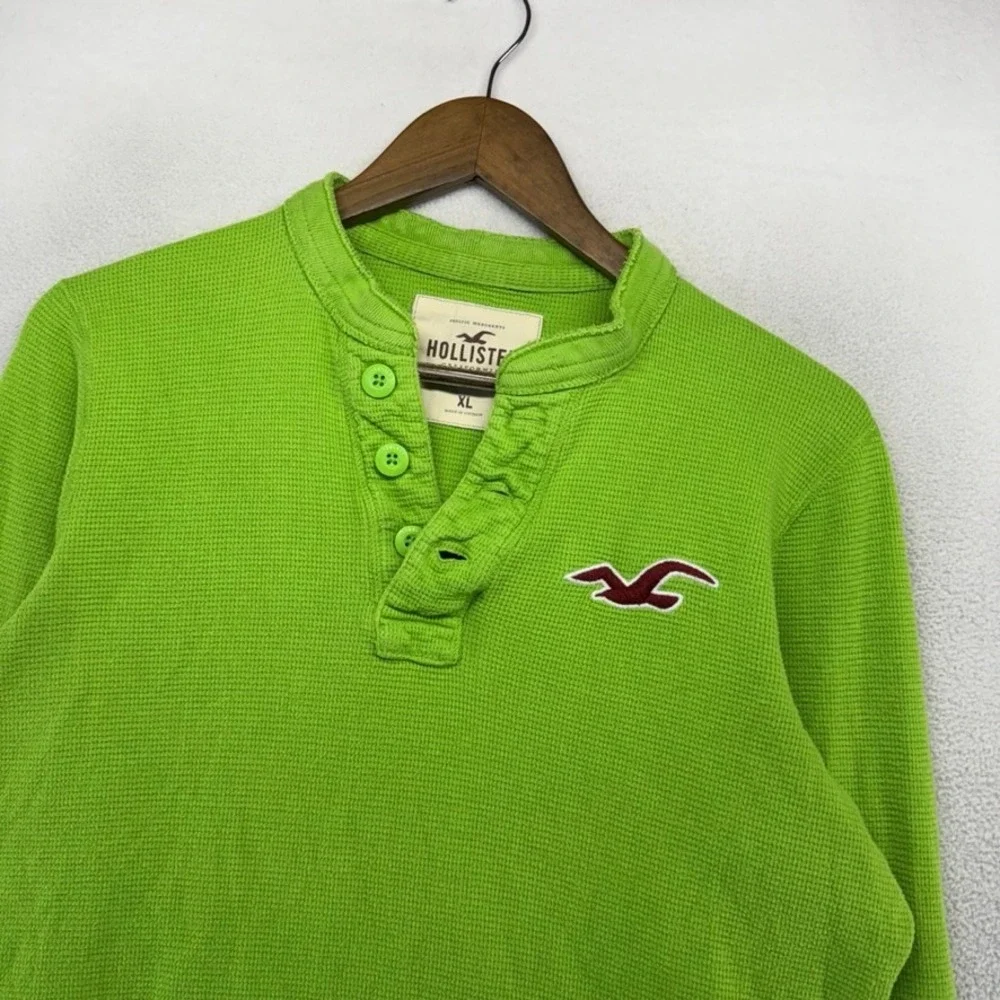 Vintage Hollister Shirt Mens XL Green Thermal Waffle Knit Henley Muscle y2k Logo